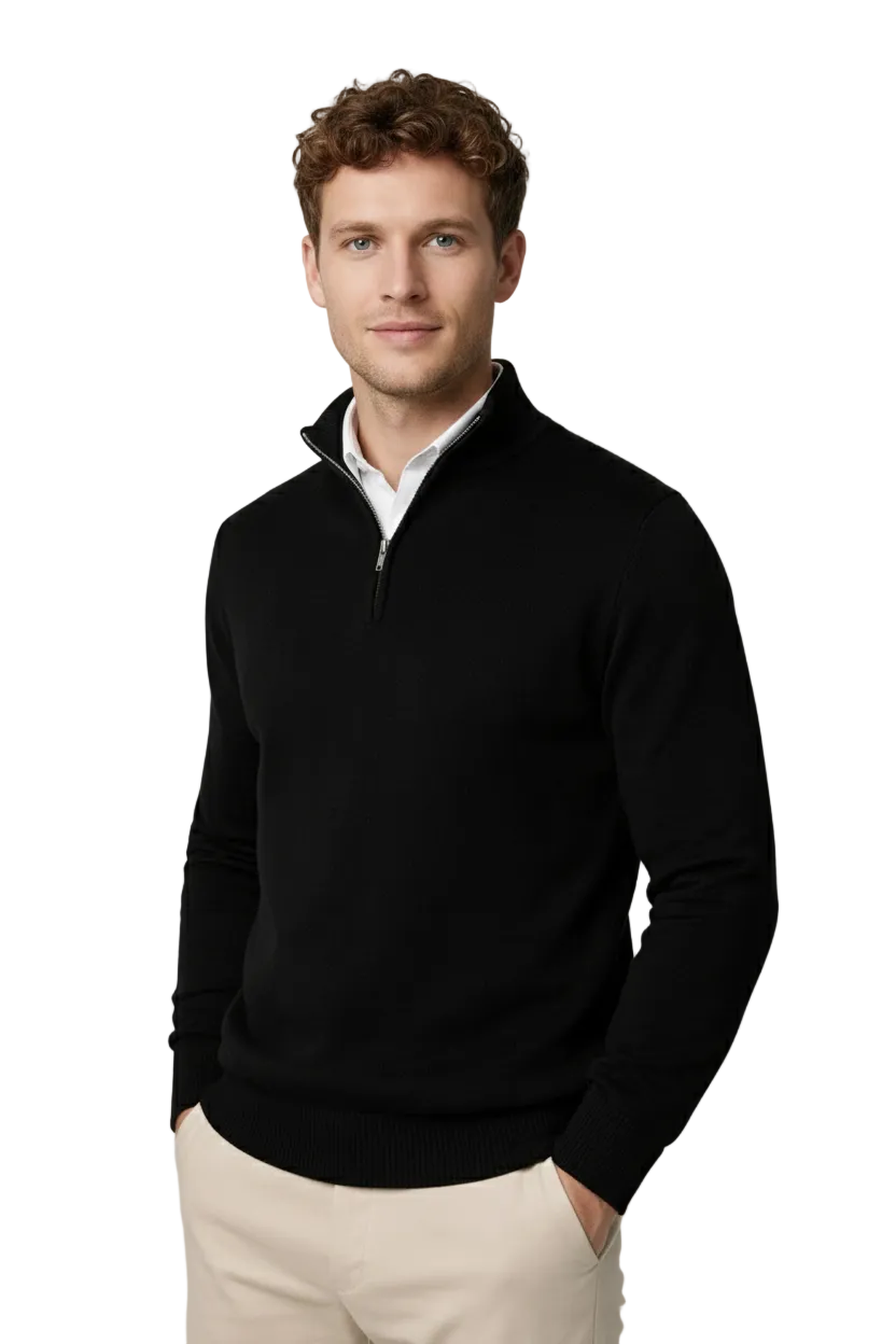Men's half-zip high neck winter sweater in a neutral color, perfect for casual layering.