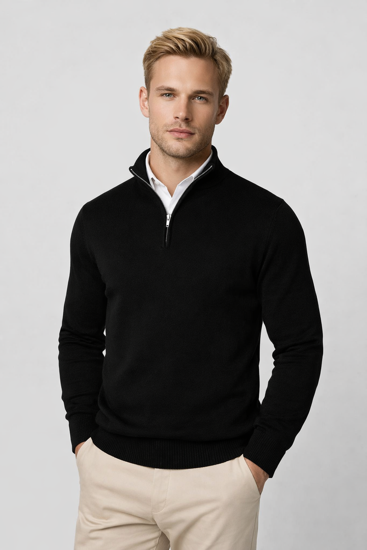Stylish men's half-zip high neck sweater, ideal for warmth and modern winter fashion.