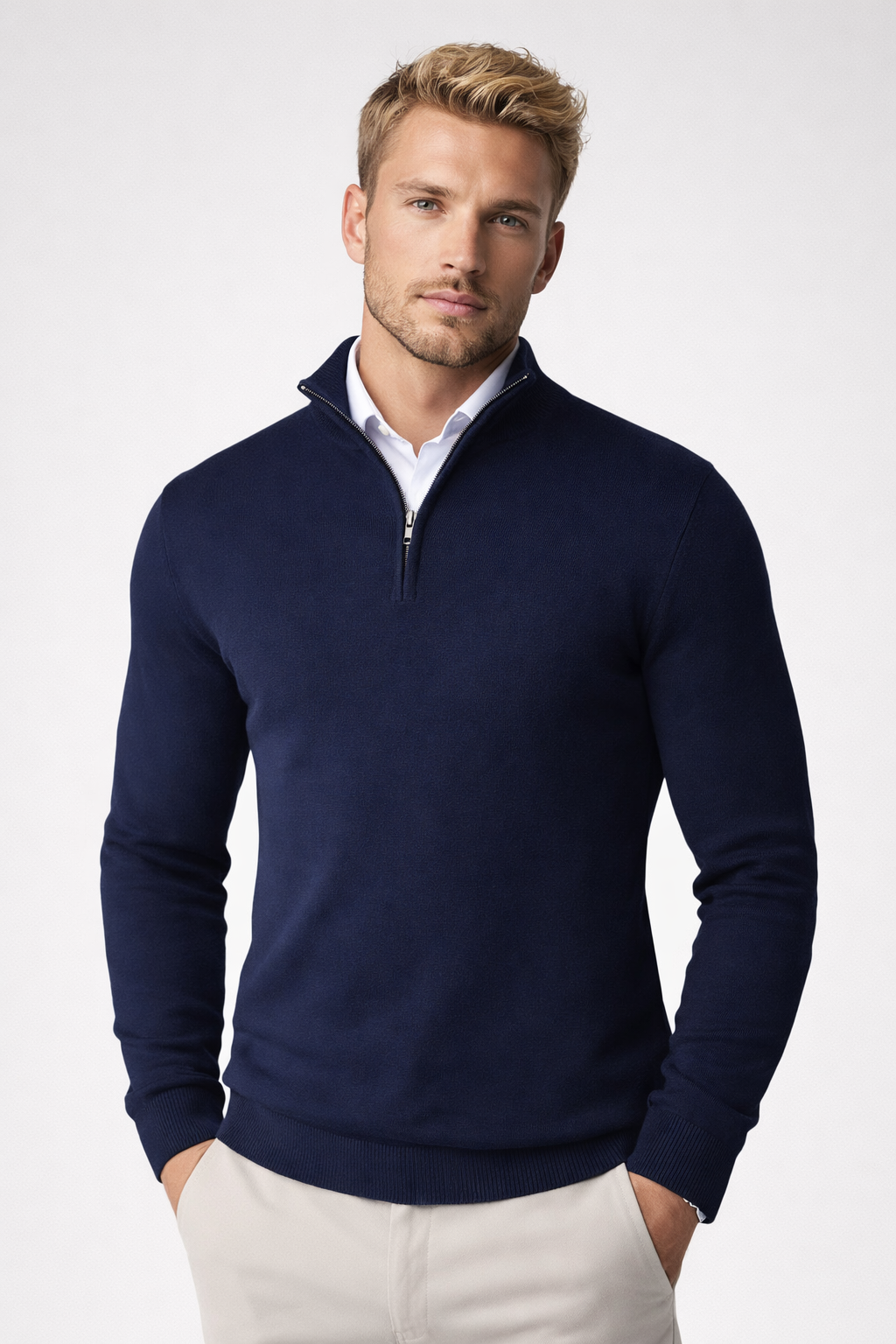 Men's half-zip high neck sweater in a studio shot, highlighting its quality and design.