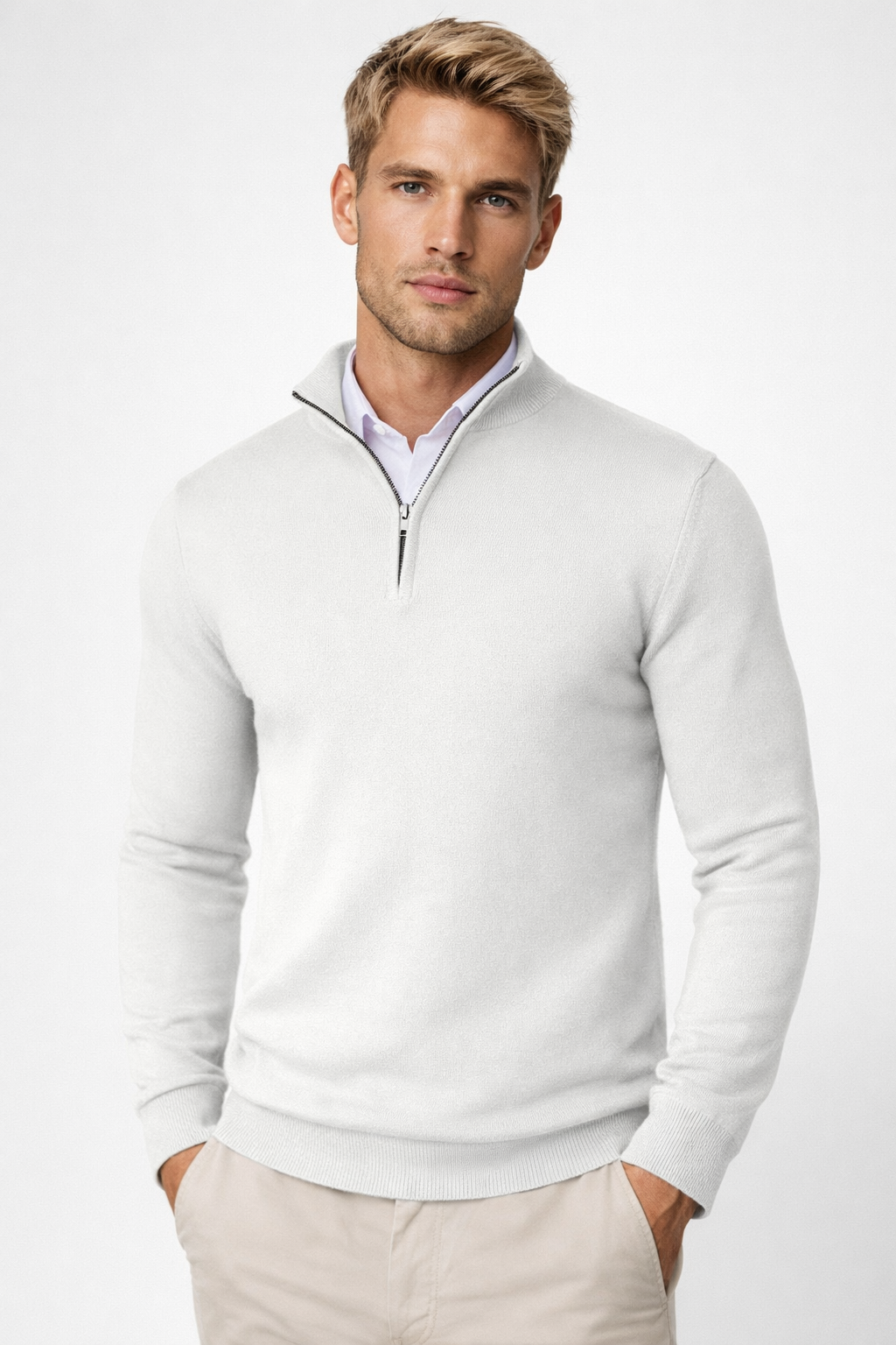 Man wearing a half-zip high-neck winter sweater, showcasing its fit and casual style.