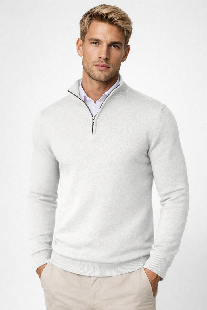 Man wearing a half-zip high-neck winter sweater, showcasing its fit and casual style.