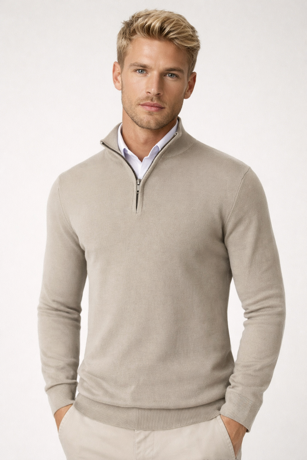 Folded men's half-zip high-neck sweater, ready for cold weather layering and comfortable wear.