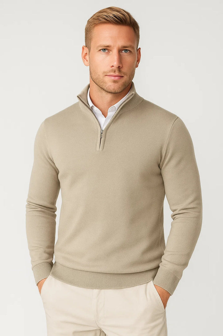 Back view of a men's half-zip high-neck winter sweater, showing its classic men's apparel silhouette.
