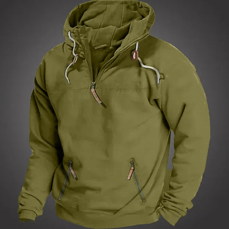 Stylish men's half-zip hooded outerwear with front pocket, ideal for comfortable casualwear
