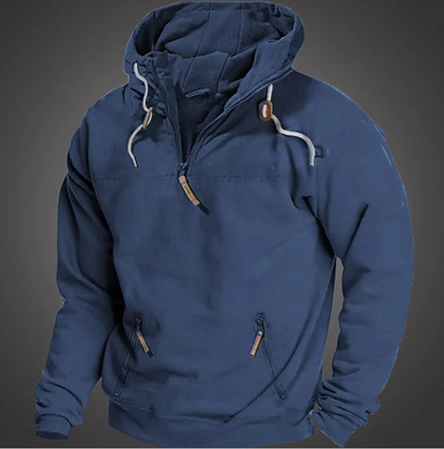 Gray men's hooded casual jacket with half-zip closure, a versatile piece for mensfashion