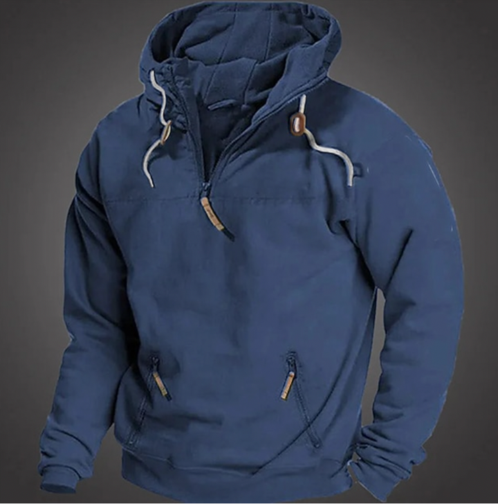 Gray men's hooded casual jacket with half-zip closure, a versatile piece for mensfashion