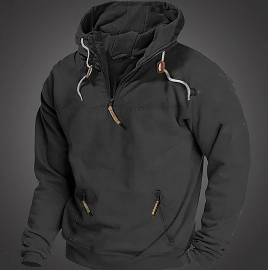 Outdoor-ready men's half-zip jacket, hooded and comfortable, suitable as a winter jacket