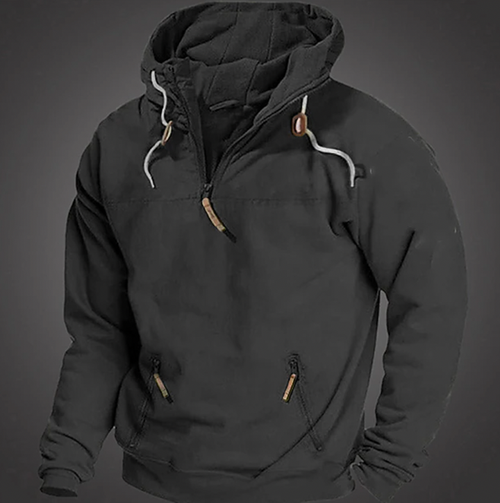 Outdoor-ready men's half-zip jacket, hooded and comfortable, suitable as a winter jacket