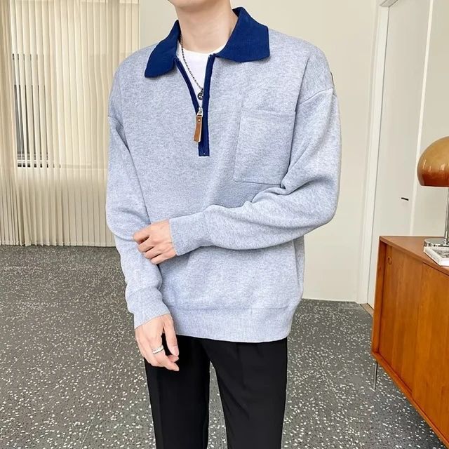 Men's half-zip polo collar sweater, perfect for smart casual layering in fall/winter fashion.