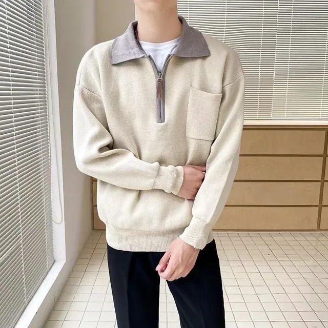 Versatile men's half-zip sweater with polo collar, great for layering & modern casual outfits.