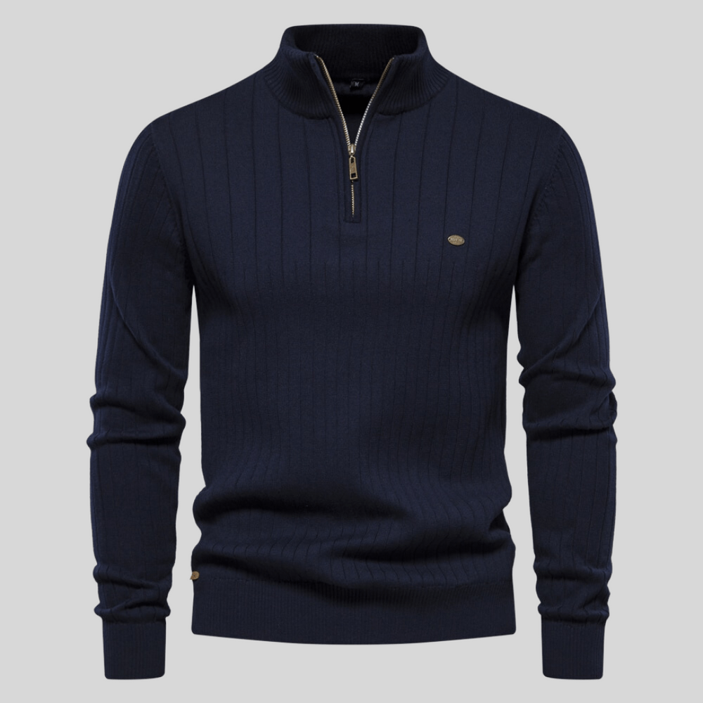 Men's half-zip ribbed knit sweater in navy, perfect for smart casual spring fashion.