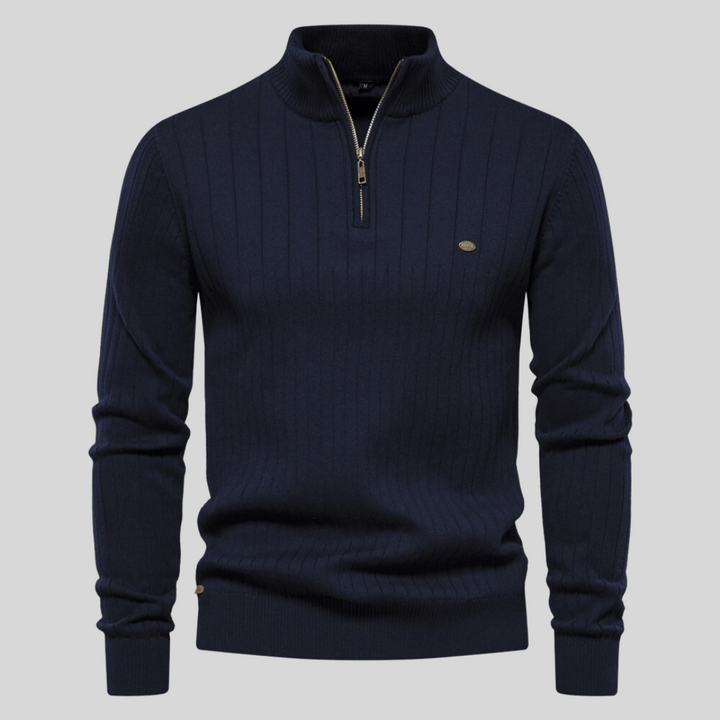 Men's half-zip ribbed knit sweater in navy, perfect for smart casual spring fashion.