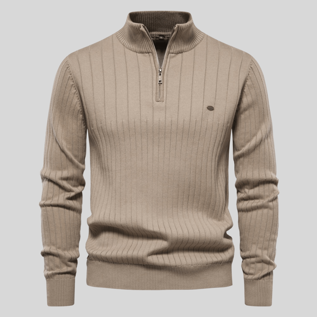 Close-up of men's half-zip ribbed knit sweater texture, ideal for casual men's apparel.