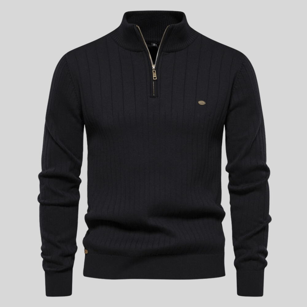 Stylish men's half-zip ribbed knit sweater with collar detail for versatile casual wear.