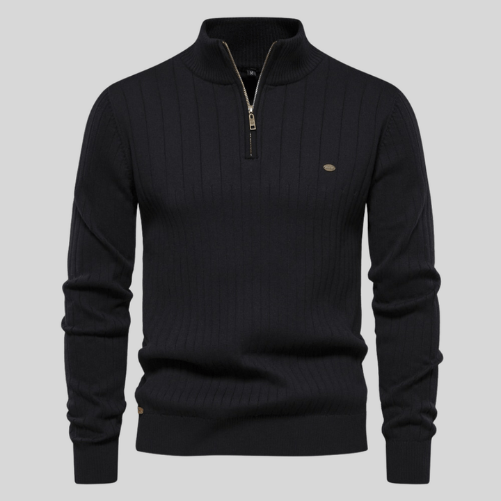 Stylish men's half-zip ribbed knit sweater with collar detail for versatile casual wear.