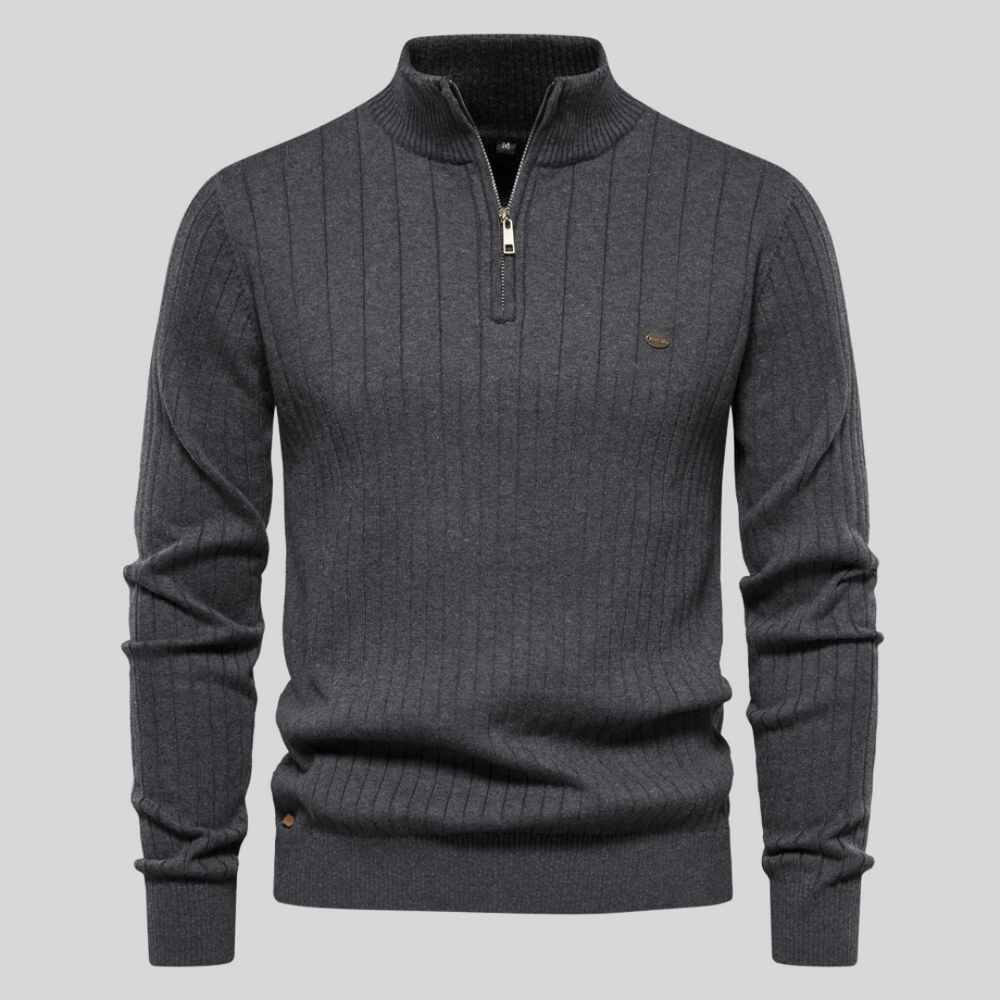 Soft cream half-zip ribbed knit sweater for men, a comfortable and fashionable choice.