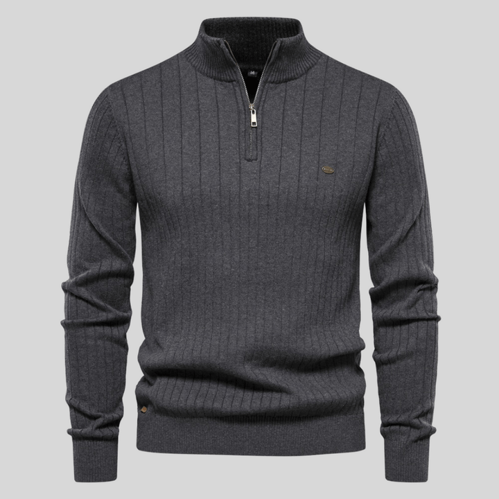 Soft cream half-zip ribbed knit sweater for men, a comfortable and fashionable choice.