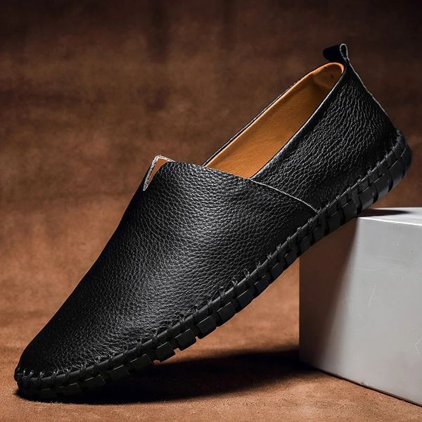 View of men's comfort loafers with durable sole, perfect hand-stitched slip-on shoes for versatile casual and dress wear.