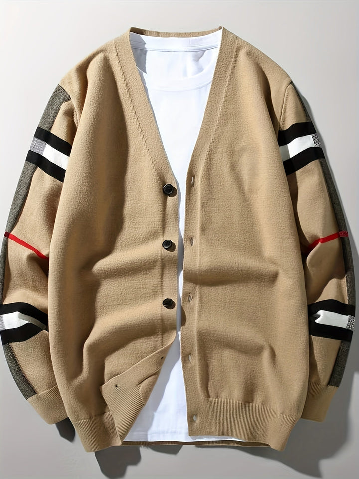 Versatile men's button-front cardigan, great for sophisticated layering or a comfortable casual outfit.