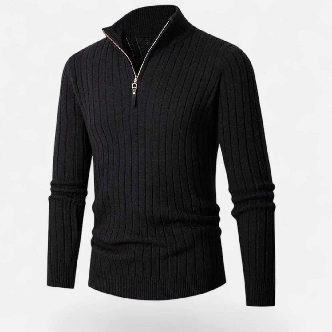 Men's Heritage half-zip sweater with vertical bar design. Smart casual elegant pullover for versatile layering.