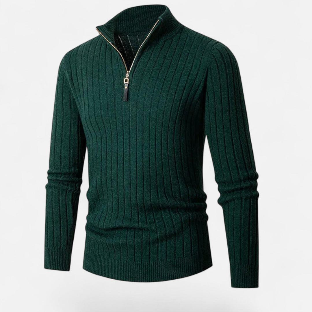 Winter essential men's half-zip sweater. Vertical bar design creates an elegant smart casual refined look.