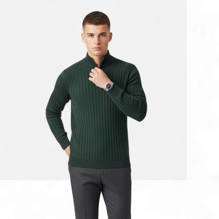 Men's spring/fall half-zip pullover. Heritage vertical bar design offers elegant smart casual versatile wear.