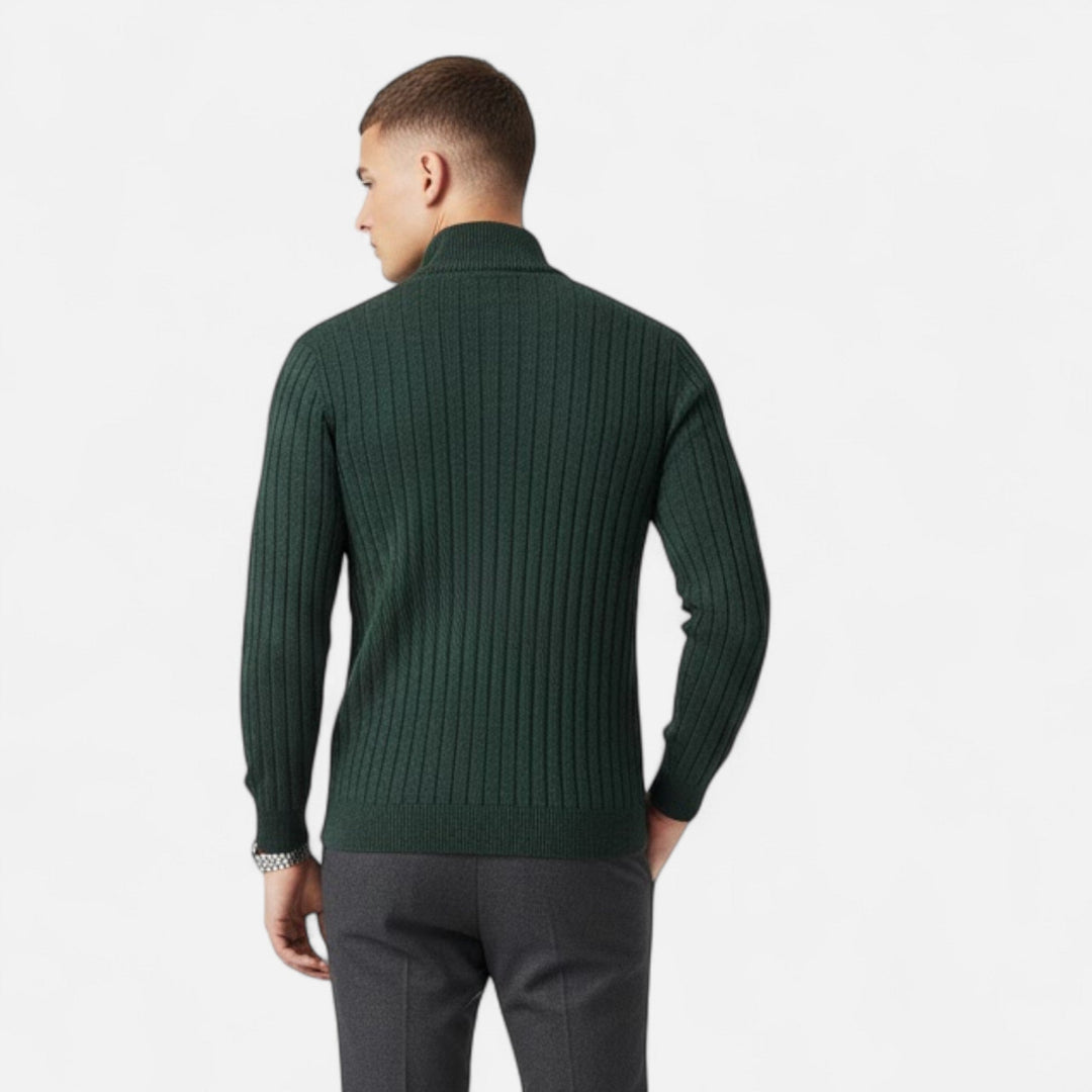 Comfortable men's long sleeve half-zip sweater with elegant vertical bar. Ideal for smart casual style.