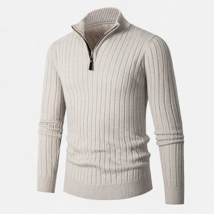 Men's heritage half-zip sweater with modern vertical bar design. A smart casual classic for versatile layering.