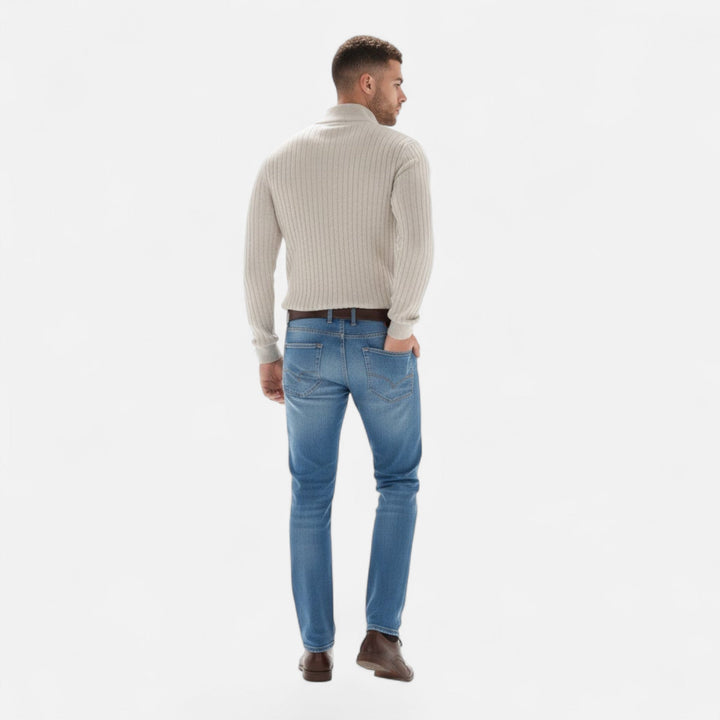 Men's elegant half-zip pullover sweater, styled for smart casual wear with its sophisticated vertical bar design.
