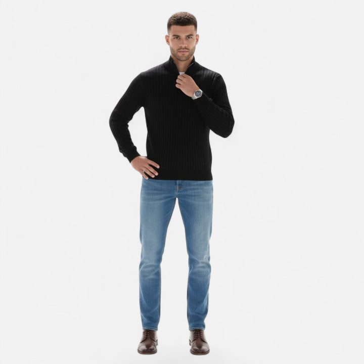 Comfortable long sleeve men's half-zip sweater with vertical bar. Perfect for fall and winter essentials.