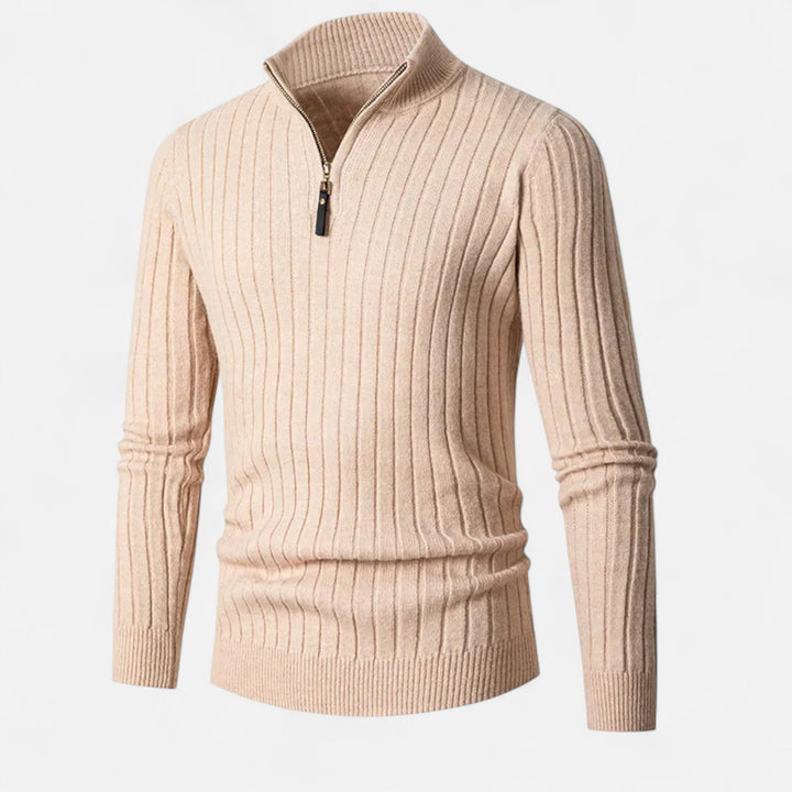 Men's comfortable half-zip sweater featuring a stylish vertical bar design. Ideal for versatile fashion & layering.