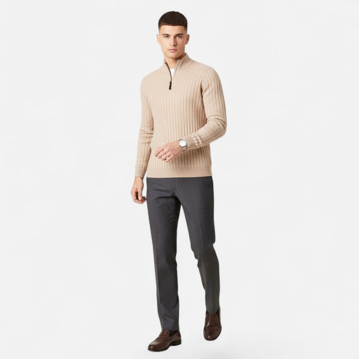 Fall/winter essential: Men's heritage half-zip sweater. Vertical bar design for refined smart casual layering.