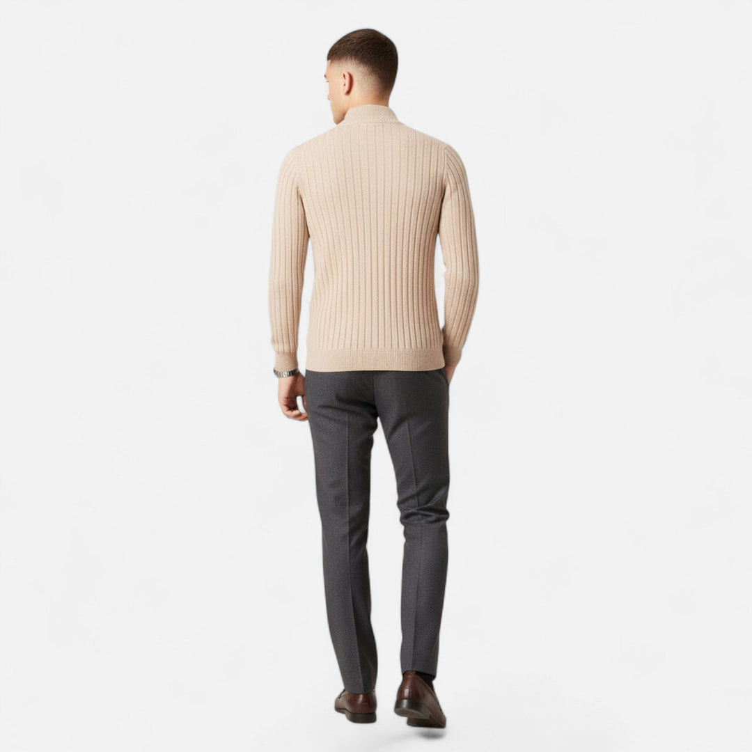 Versatile men's long sleeve half-zip pullover sweater. Vertical bar design for elegant smart casual fashion.