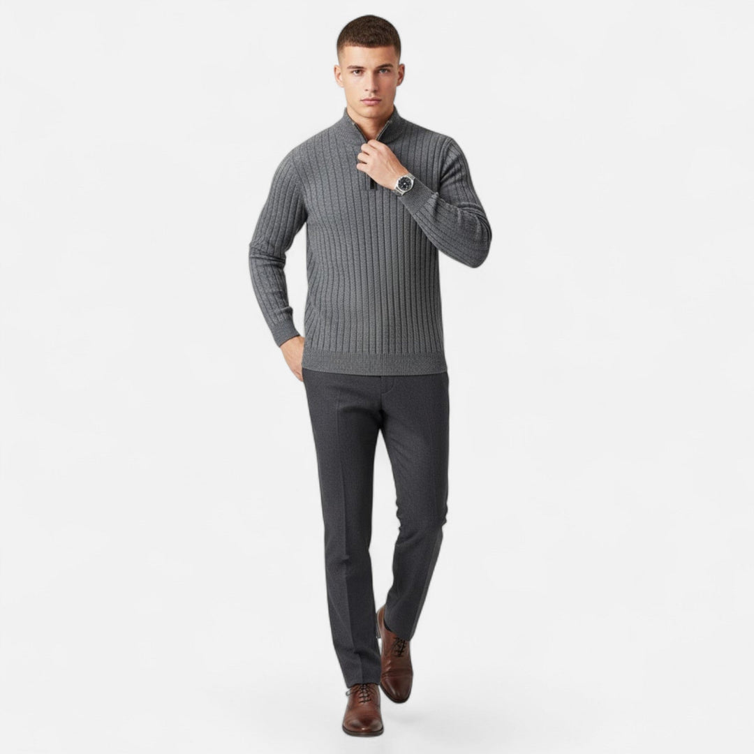 Men's fashion half-zip pullover. Comfortable long sleeve sweater with refined vertical bar for smart casual style.
