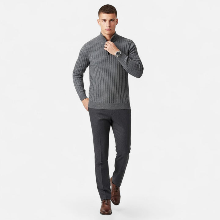 Men's fashion half-zip pullover. Comfortable long sleeve sweater with refined vertical bar for smart casual style.