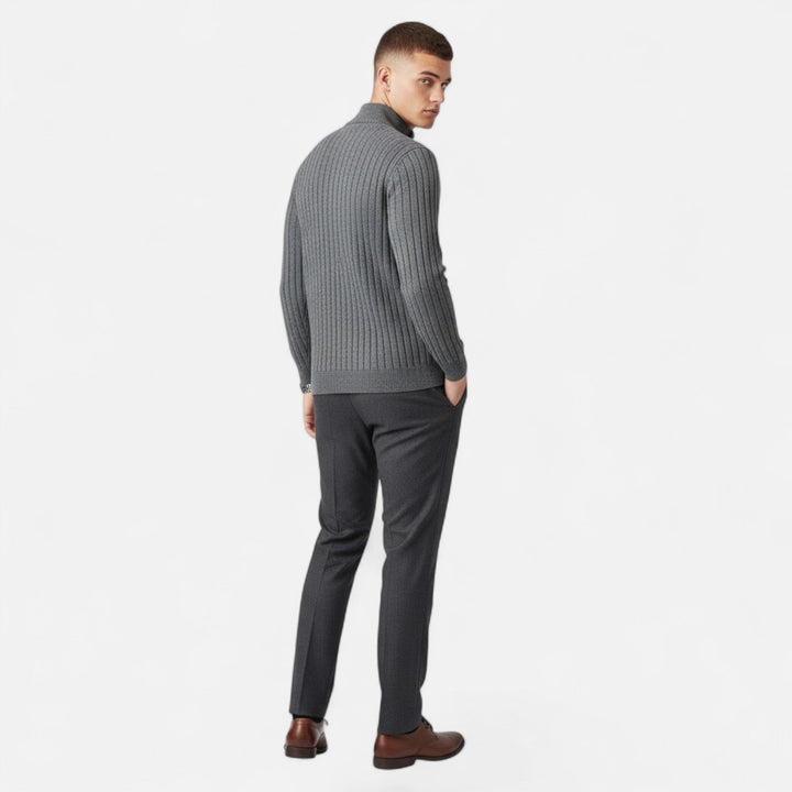 Refined men's heritage half-zip sweater. Vertical bar design, perfect for smart casual versatile layering.