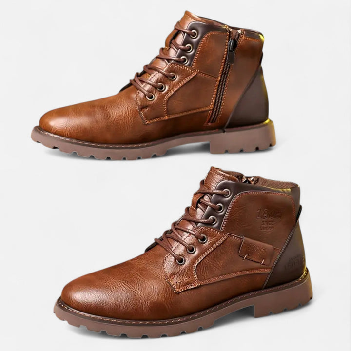 Men's Heritage Lace-Up Boots: classic brown leather, durable design for everyday wear & timeless men's fashion.
