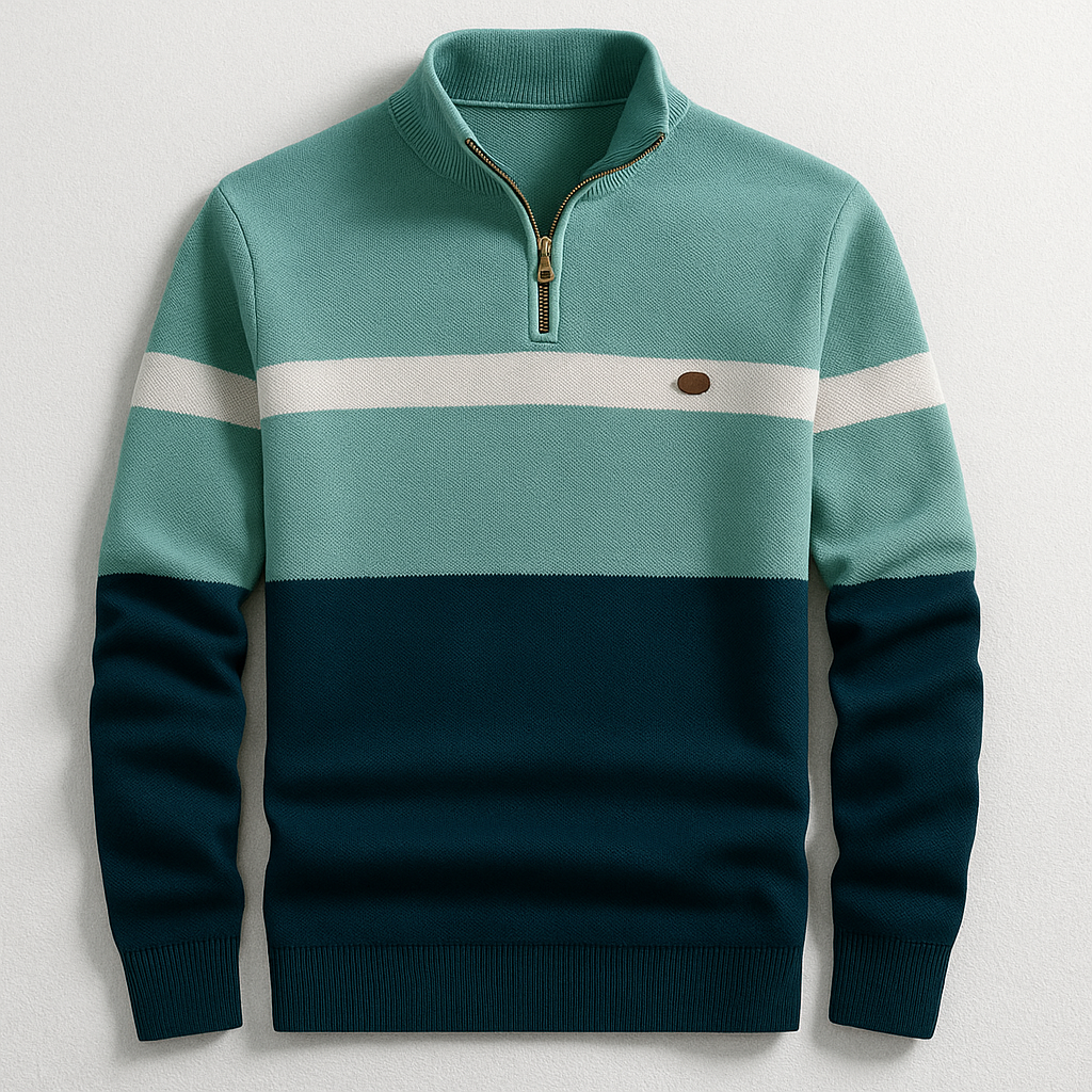 Close-up of men's heather grey quarter-zip pullover, showing midweight knit texture and quality
