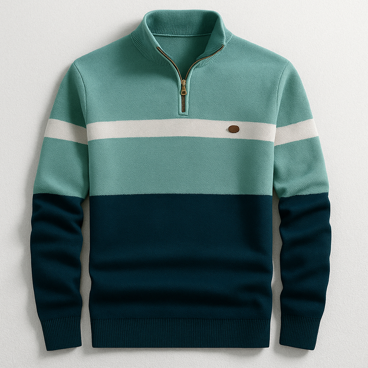 Close-up of men's heather grey quarter-zip pullover, showing midweight knit texture and quality