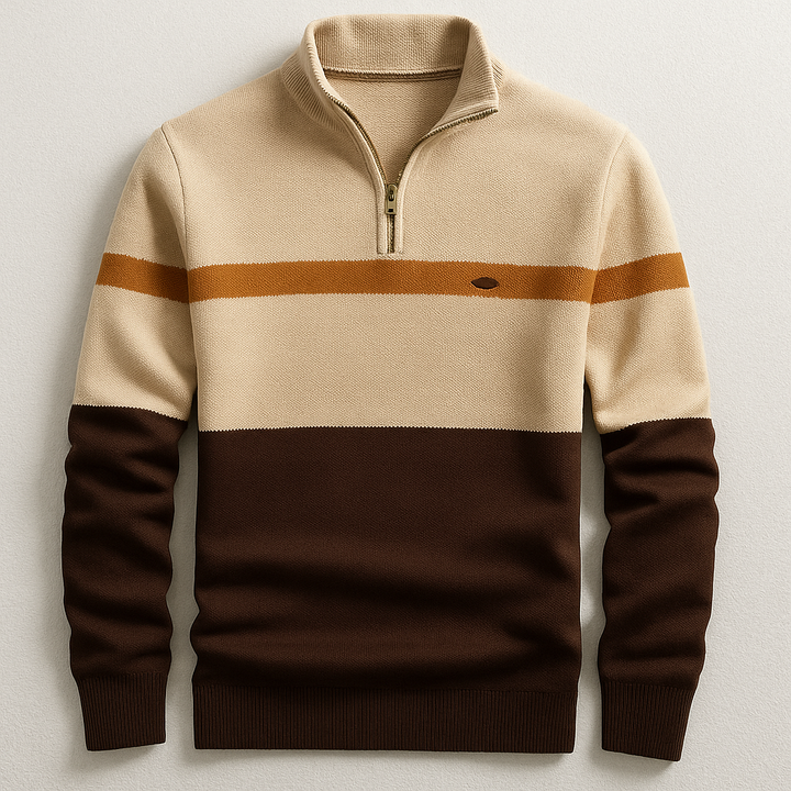 Stylish man wearing cream heritage quarter-zip pullover, a versatile layering top for men's fashion