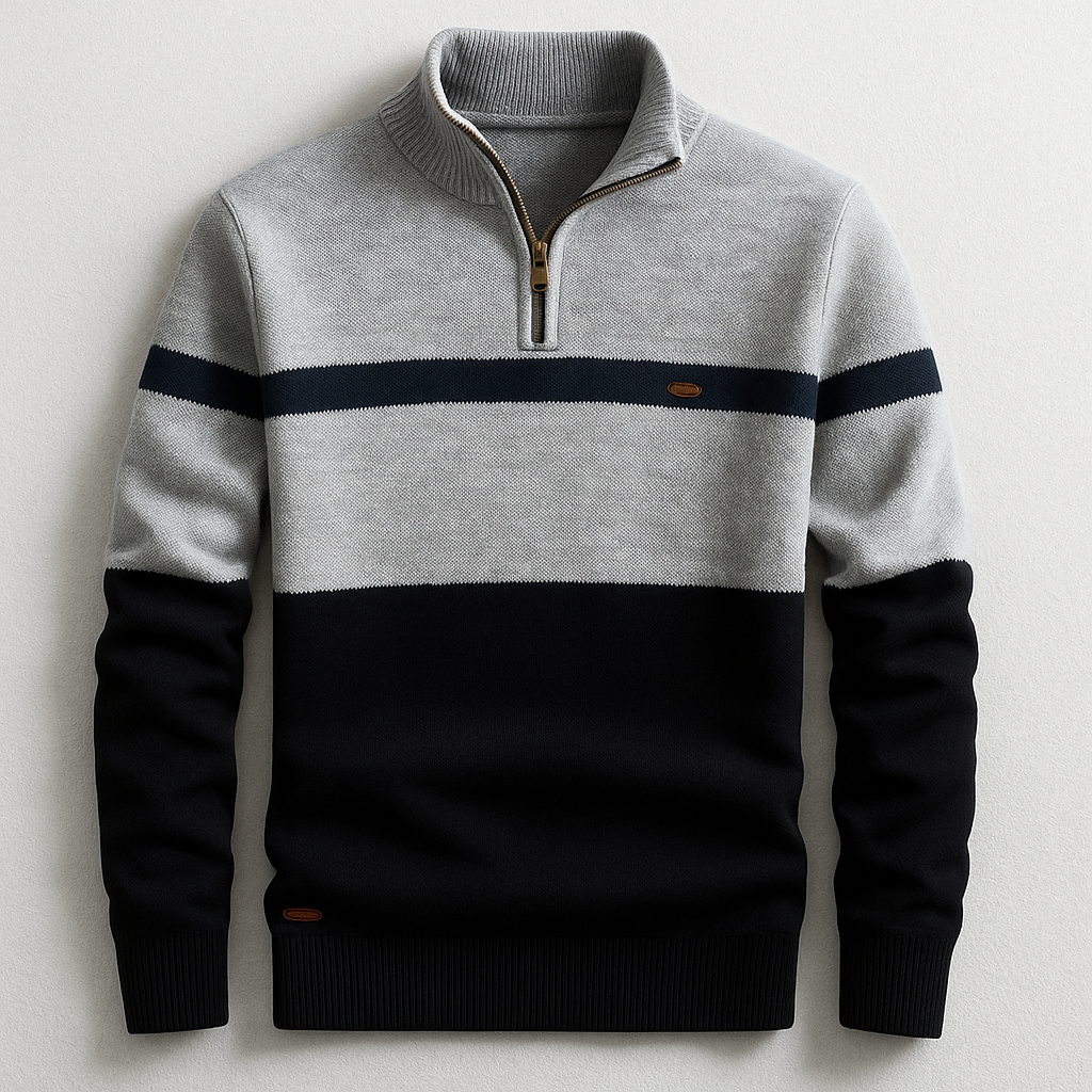 Model showcasing a black men's cotton quarter-zip pullover, perfect for comfortable casual wear
