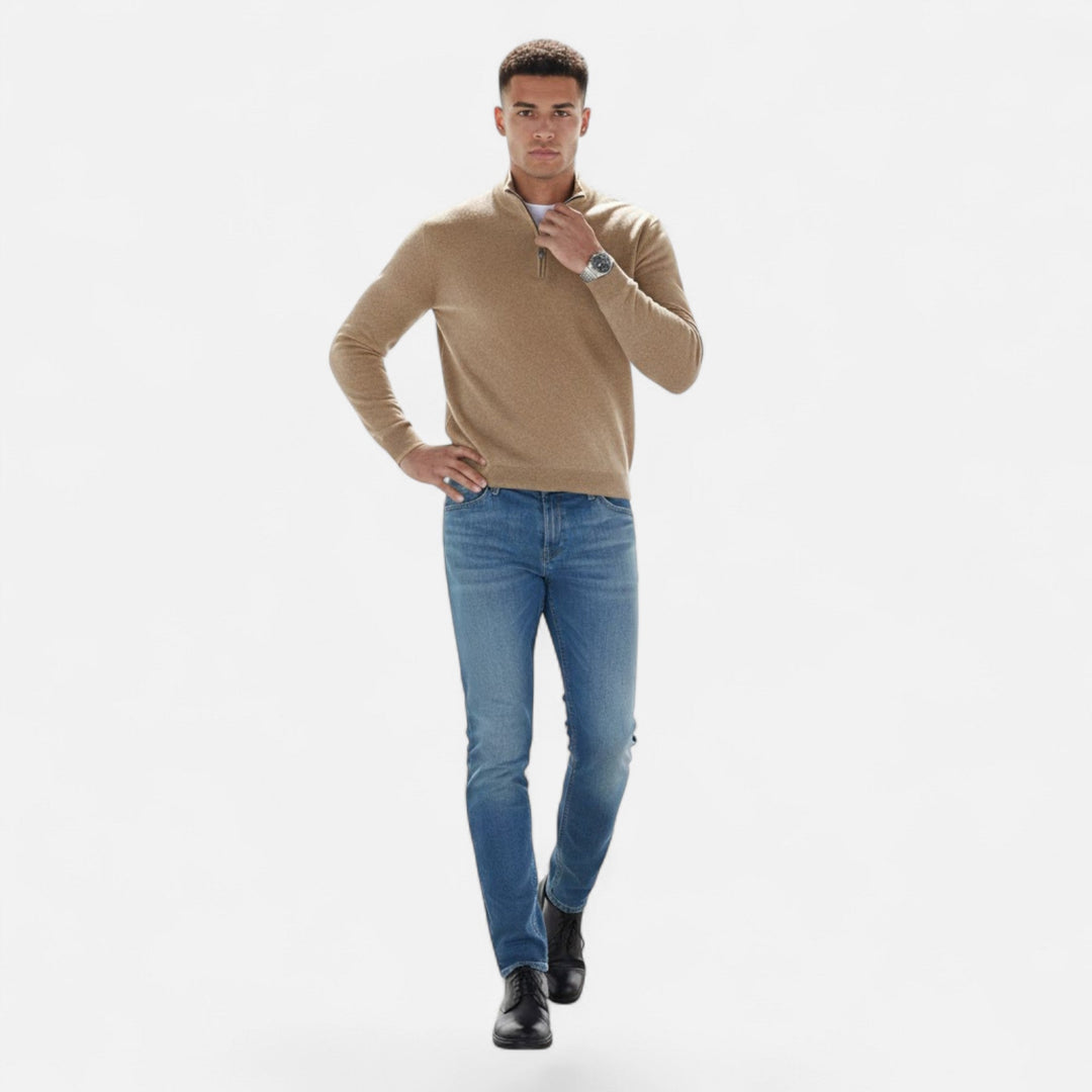 Men's long sleeve V-neck zipper sweater, great for layering in casual to smart casual settings.