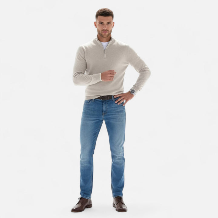 Classic men's v-neck pullover sweater with zipper, perfect for autumn & winter fashion.