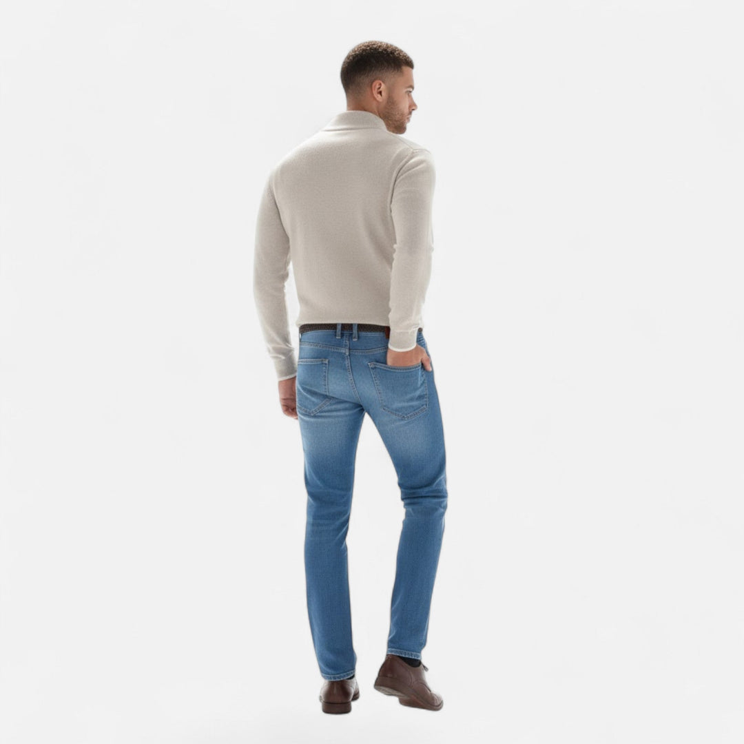Stylish men's long sleeve v-neck zipper sweater in a comfortable, refined design.