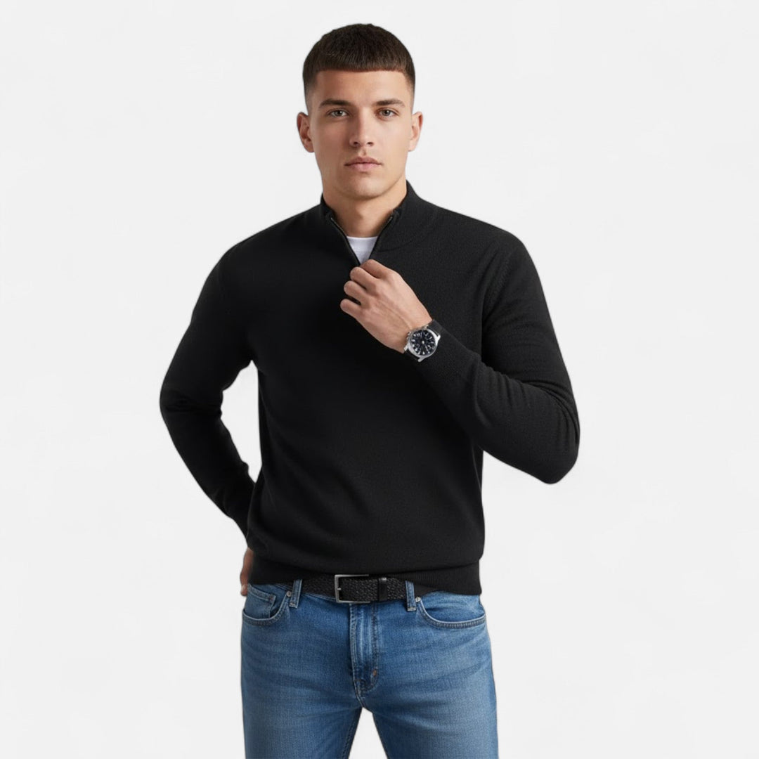 Refined men's v-neck sweater with zipper, a versatile piece for smart casual outfits.