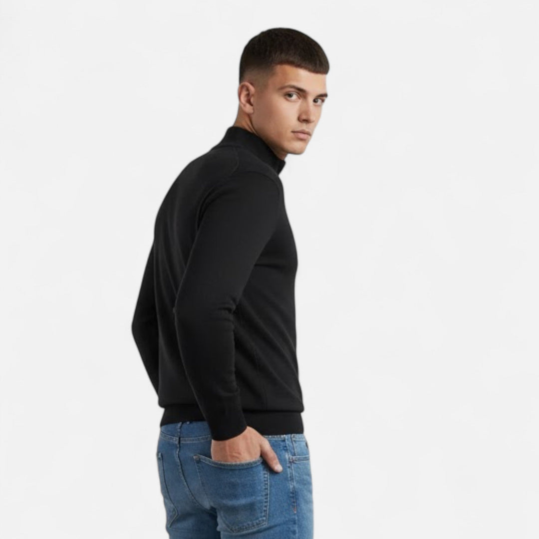 Comfortable men's long sleeve pullover, V-neck, zipper detail, for cool weather.