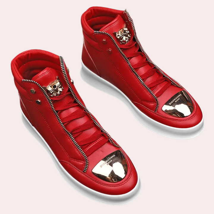 Stylish men's high-top trainers, featuring a sleek metallic toe cap and comfortable design for modern streetwear.