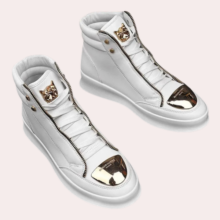 Urban fashion men's high-top sneakers with a distinctive metallic toe, ideal casual footwear for street style.