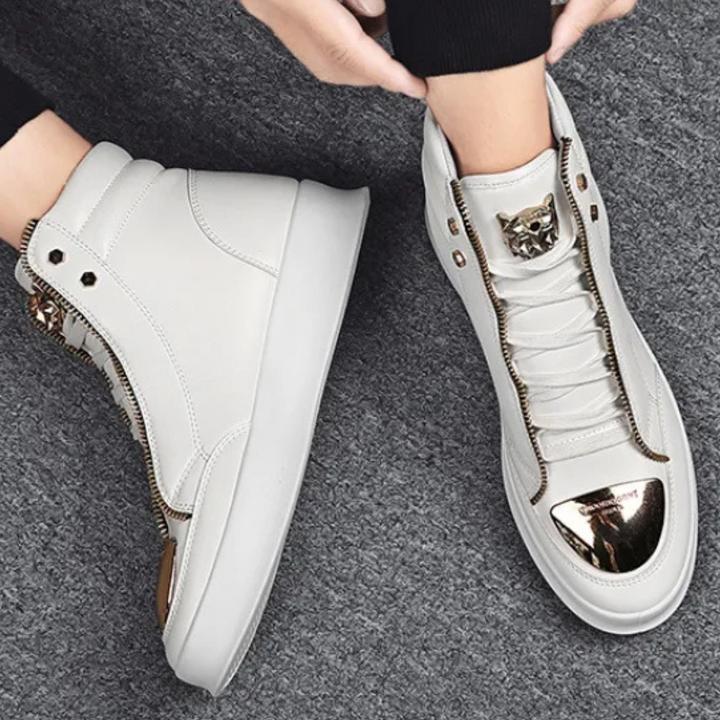 Metallic toe high-top sneakers for men, combining a cool streetwear look with versatile casual footwear.