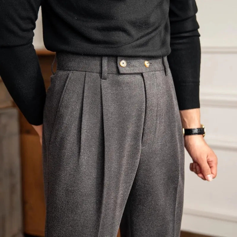 Men's high-waisted pleated gray straight trousers for a casual or office look.